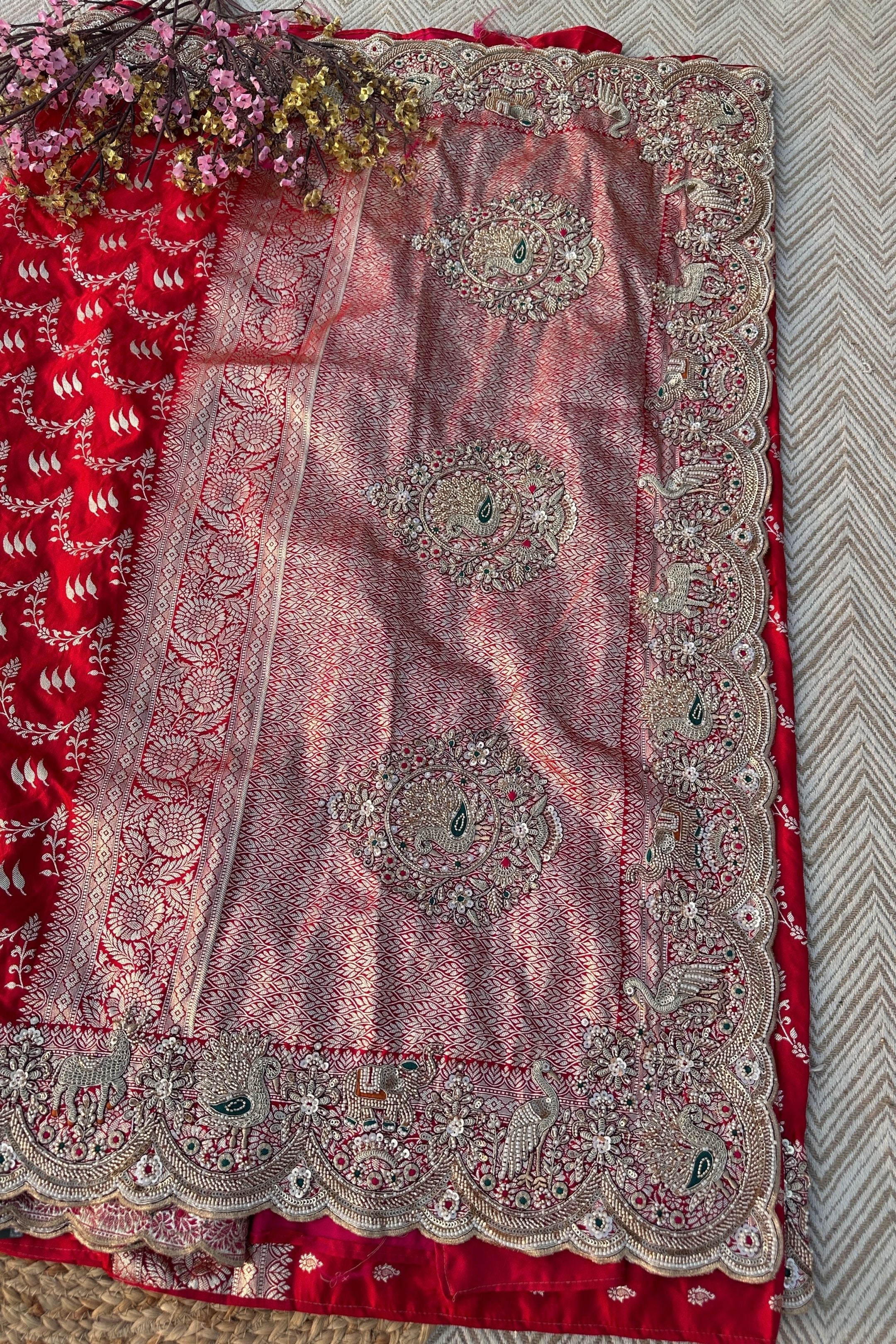 Red Rani Banarasi Satin Unstitched Saree Embellished With Zari, Moti, Sequins & Cutdana Work